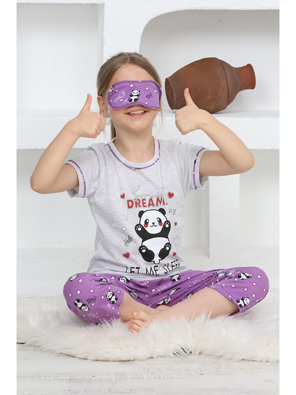 Kapi Kids Gri Melanj Kız Çocuk Uyku Bantlı Kaprili Panda Baskılı Pijama Takımı 3-15 Yaş 6112-14 - 1