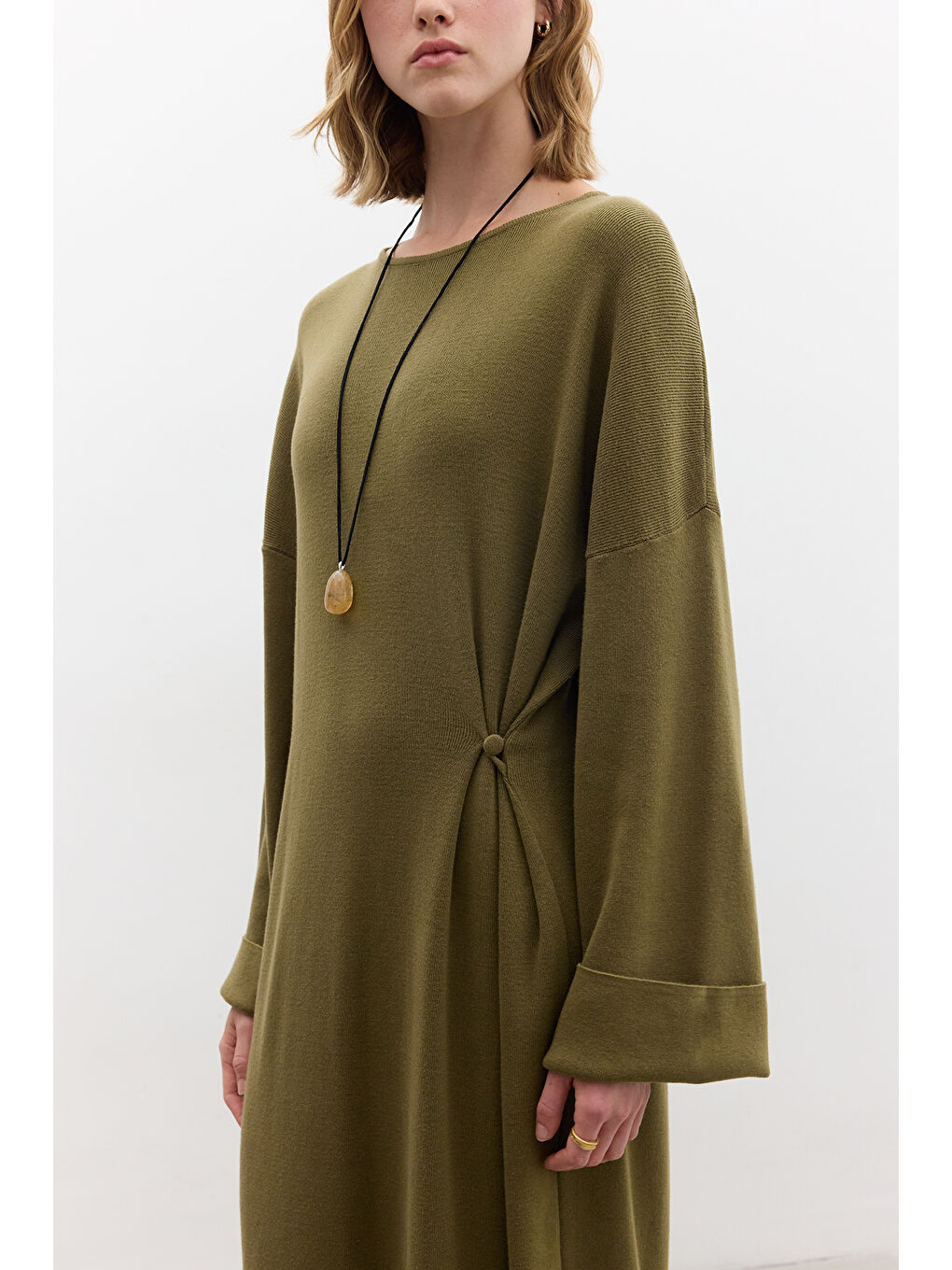 Triko Bağlamalı Elbise Yeşil-4