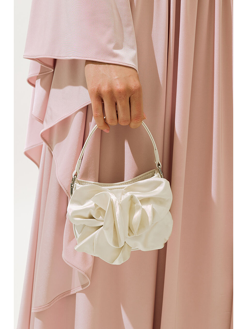 Çiçekli Saten Abiye Mini Çanta Ekru-3