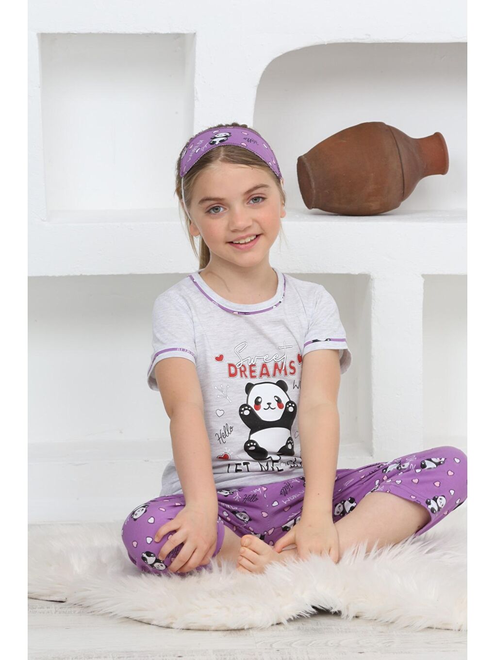 Kapi Kids Gri Melanj Kız Çocuk Uyku Bantlı Kaprili Panda Baskılı Pijama Takımı 3-15 Yaş 6112-14 - 3