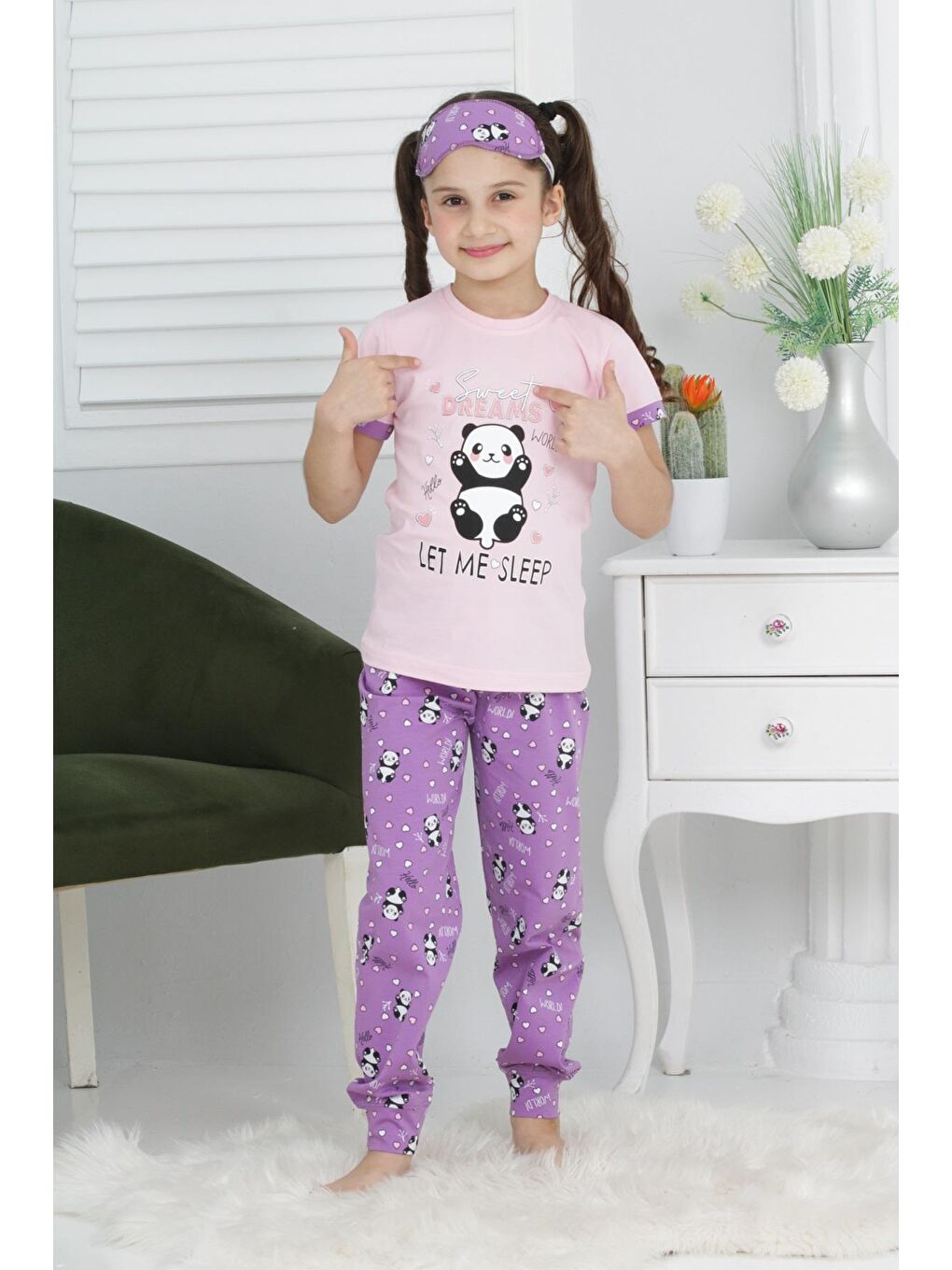 Kapi Kids Pembe Kız Çocuk Uyku Bantlı-Pandalı Pijama Takımı 3-11 Yaş 6063-64