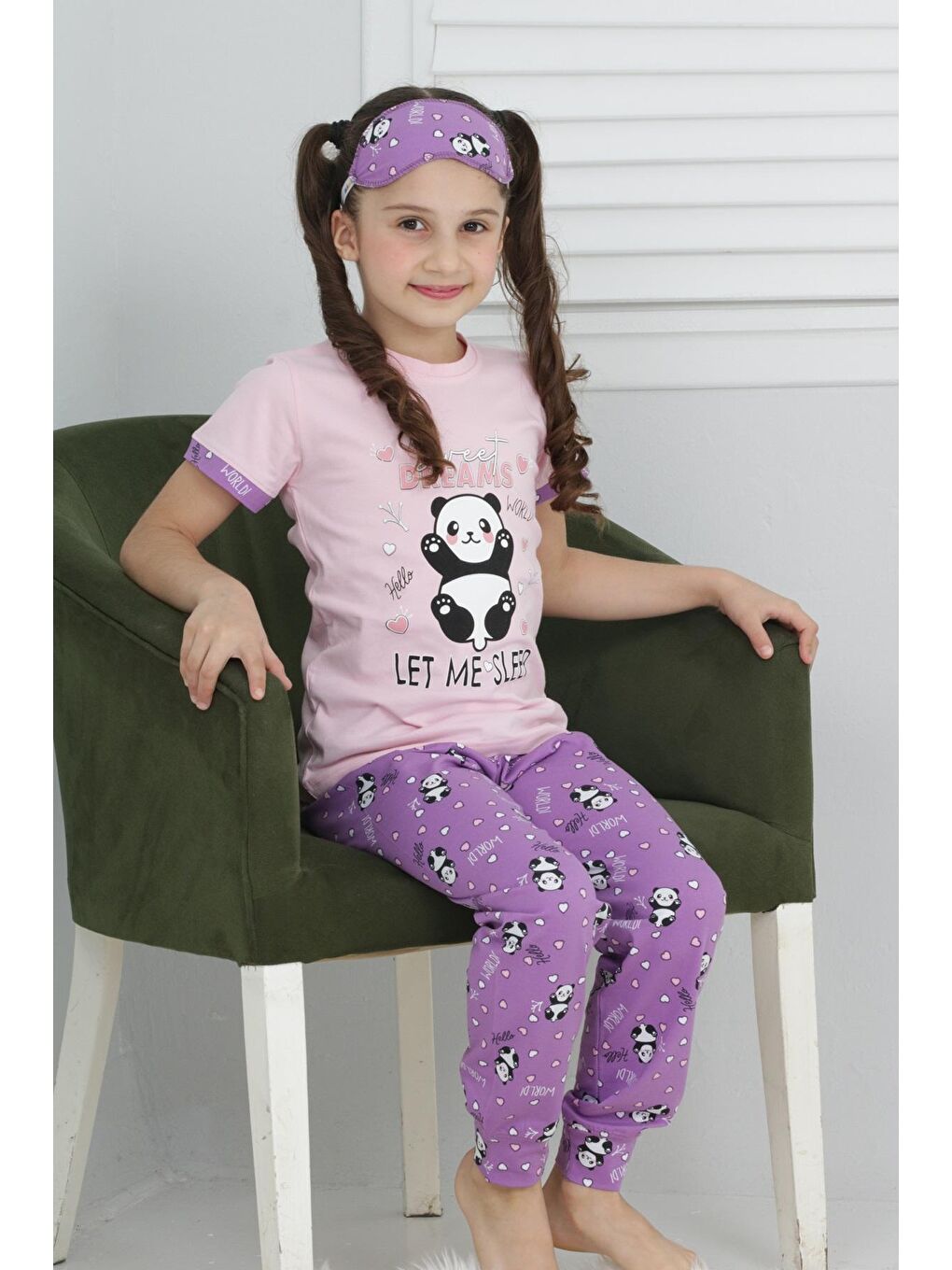 Kapi Kids Pembe Kız Çocuk Uyku Bantlı-Pandalı Pijama Takımı 3-11 Yaş 6063-64 - 1