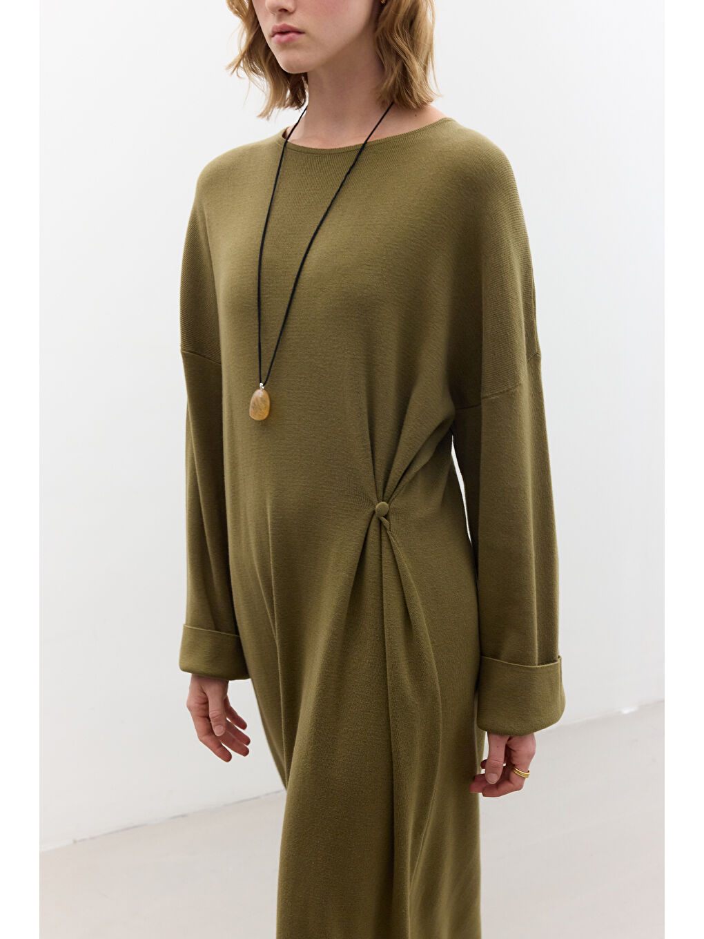 Triko Bağlamalı Elbise Yeşil-5