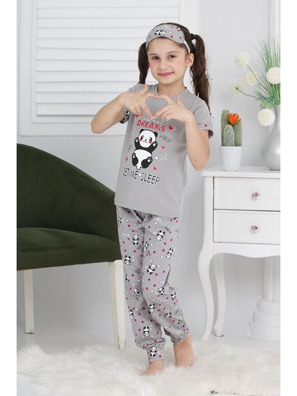 Kapi Kids Gri Kız Çocuk Uyku Bantlı-Pandalı Pijama Takımı 3-11 Yaş 6063-64