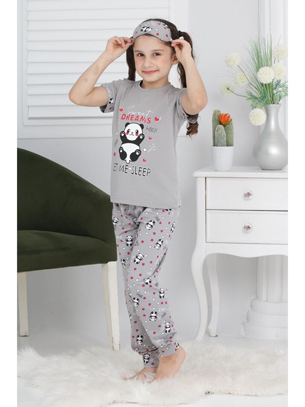 Kapi Kids Gri Kız Çocuk Uyku Bantlı-Pandalı Pijama Takımı 3-11 Yaş 6063-64 - 1