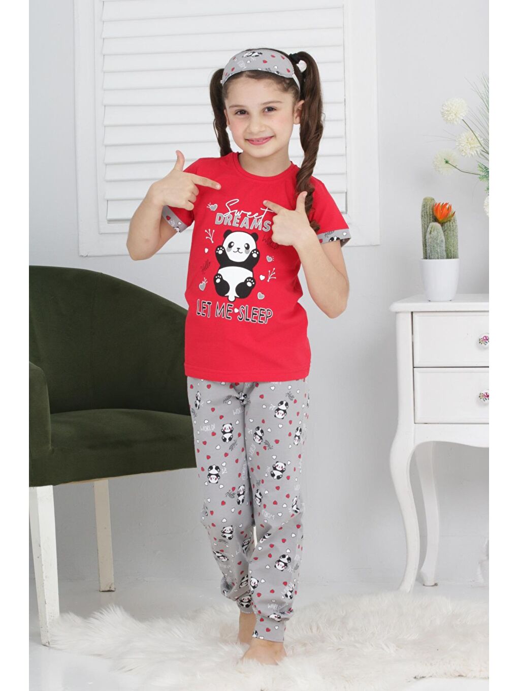 Kapi Kids Narçiçeği Kız Çocuk Uyku Bantlı-Pandalı Pijama Takımı 3-11 Yaş 6063-64