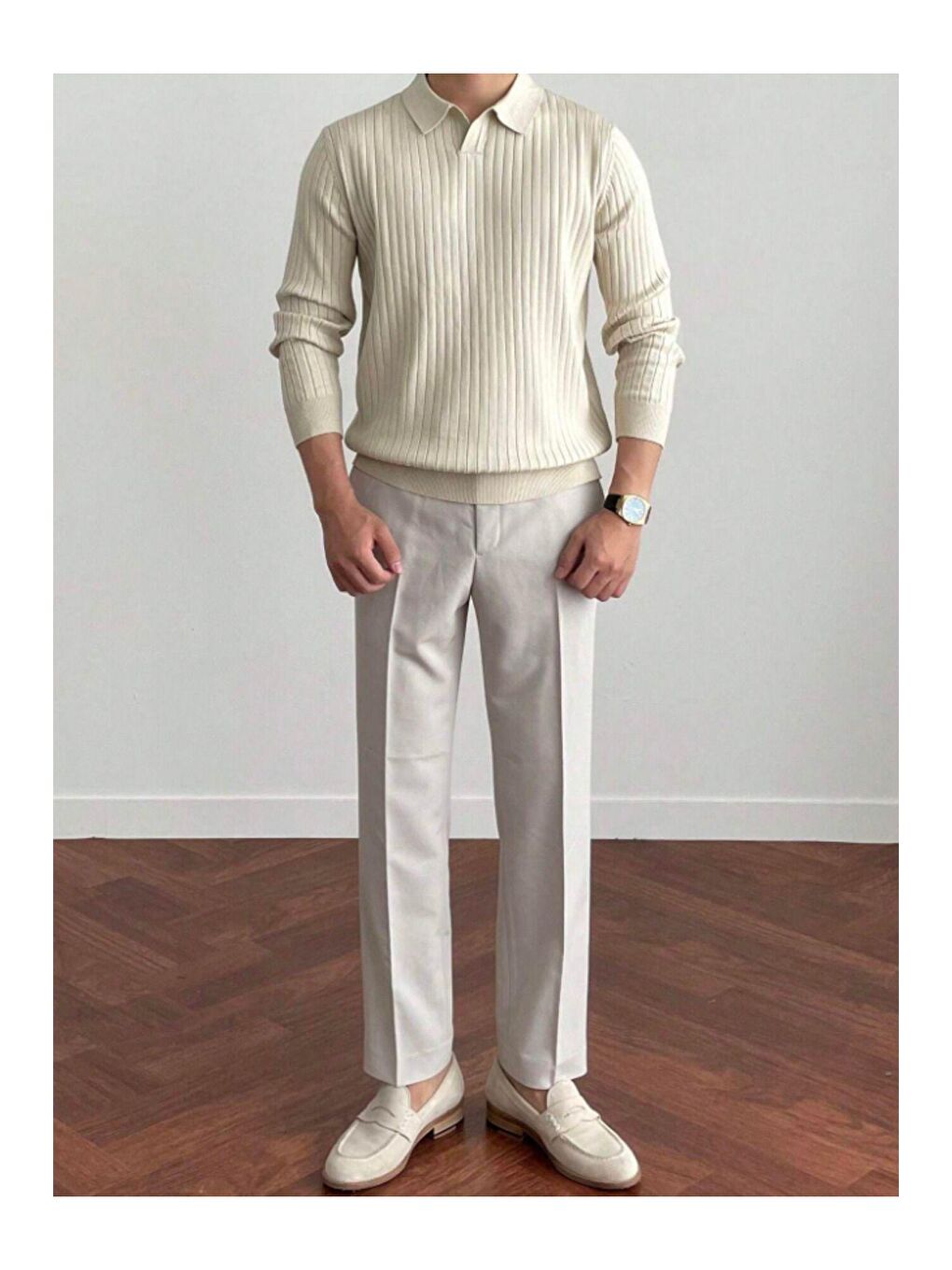 Beyaz Erkek Polo Yaka Fitilli Triko Kazak-1