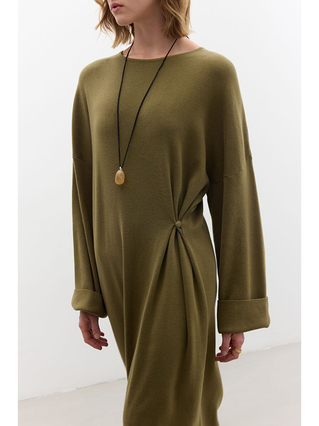 Triko Bağlamalı Elbise Yeşil-6