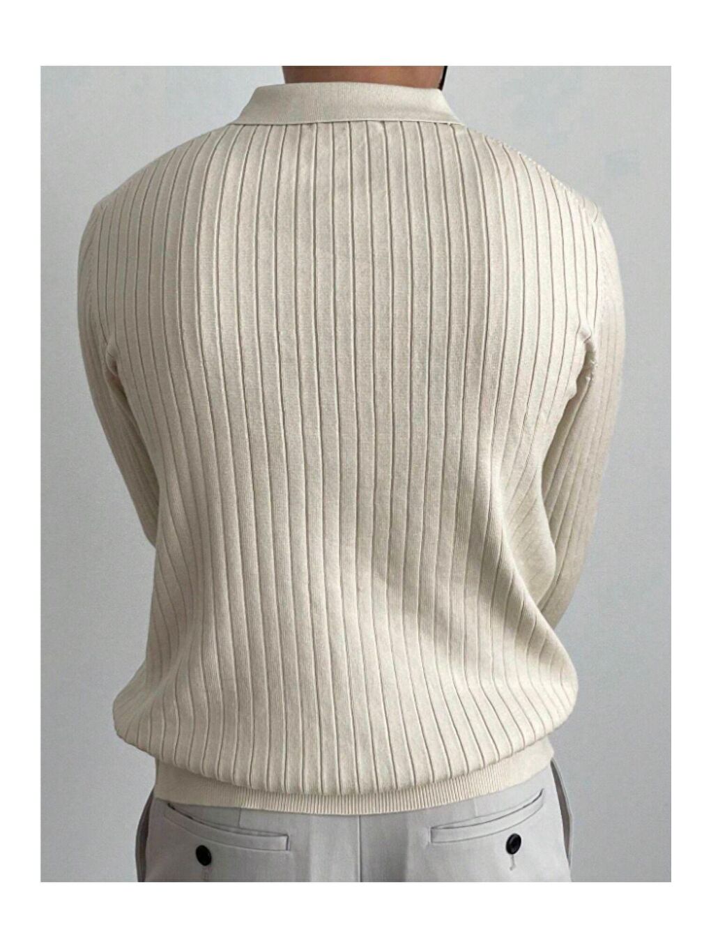 Beyaz Erkek Polo Yaka Fitilli Triko Kazak-2