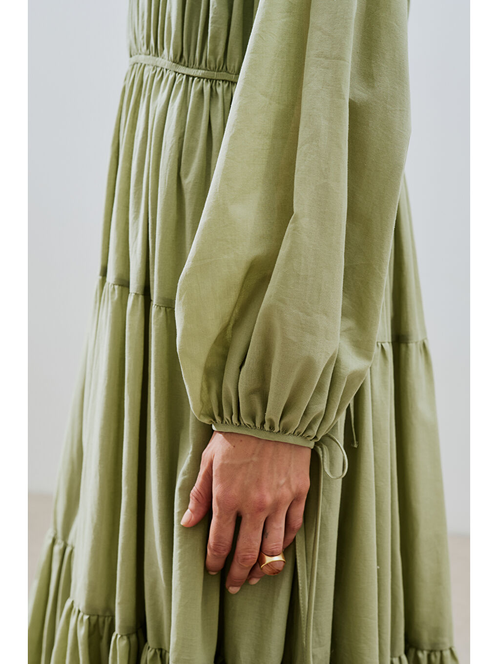 Yeşil Büzgülü Uzun Kol Elbise Çağla-5