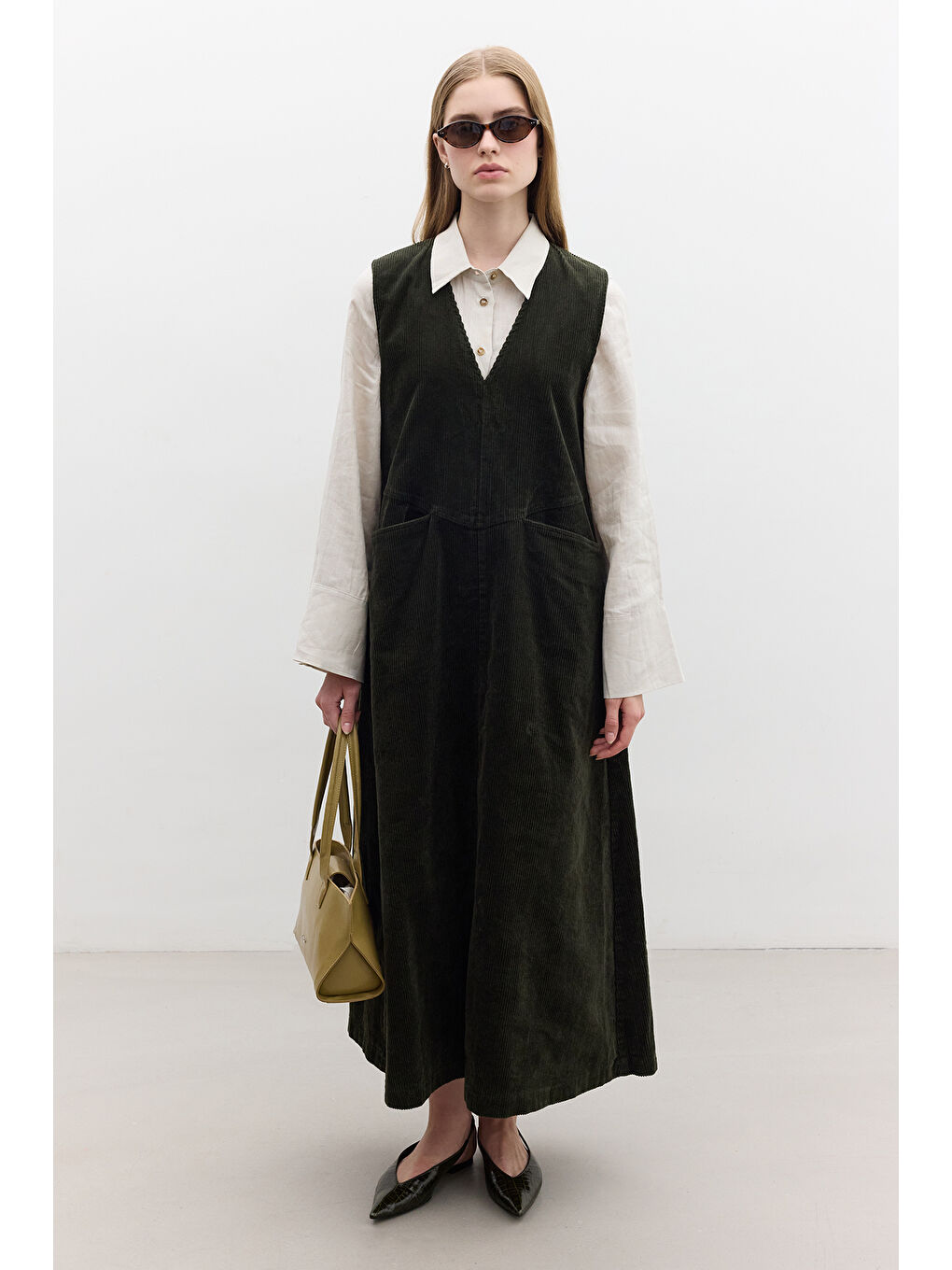 Fitilli Kadife Jile Elbise Haki-2