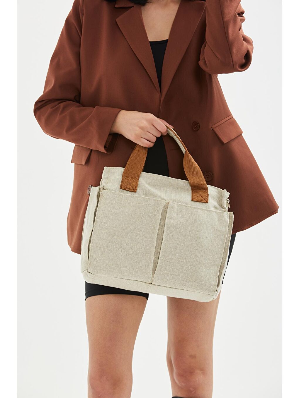 Kahverengi Çok Gözlü Shopper Venedik Kadın Çapraz Çanta Keten Taba-1