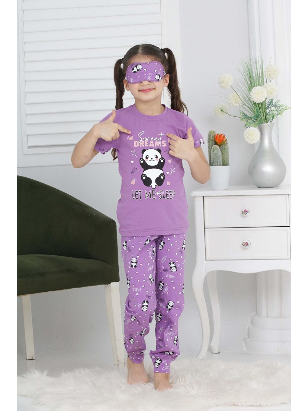 Kapi Kids Lila Kız Çocuk Uyku Bantlı-Pandalı Pijama Takımı 3-11 Yaş 6063-64