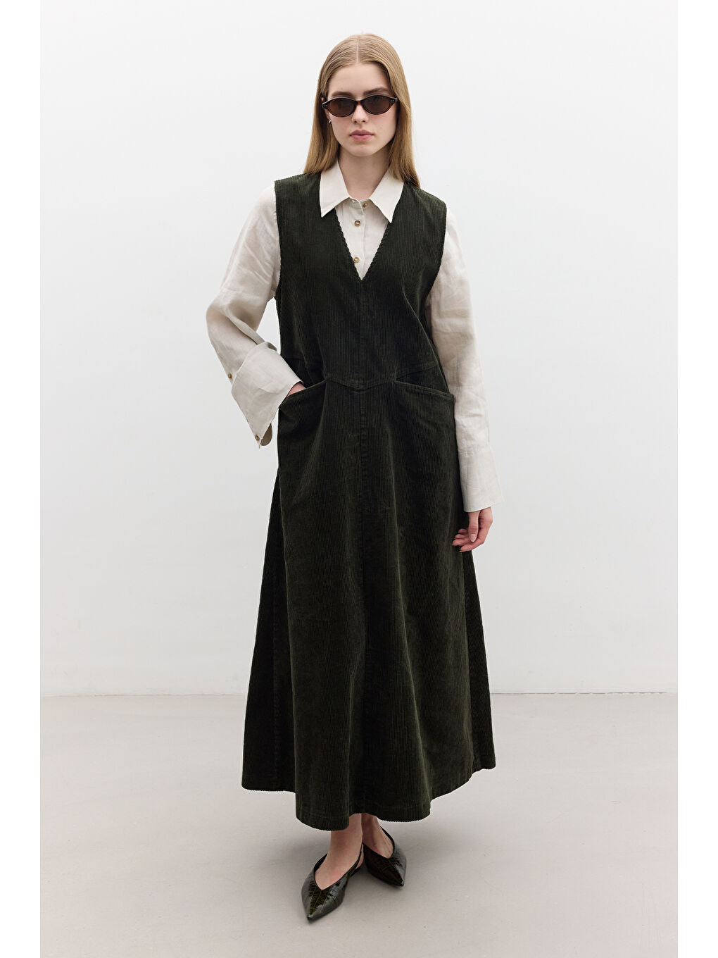 Fitilli Kadife Jile Elbise Haki-3