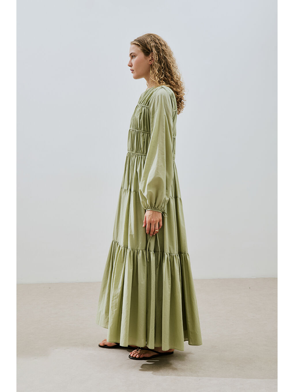 Yeşil Büzgülü Uzun Kol Elbise Çağla-6