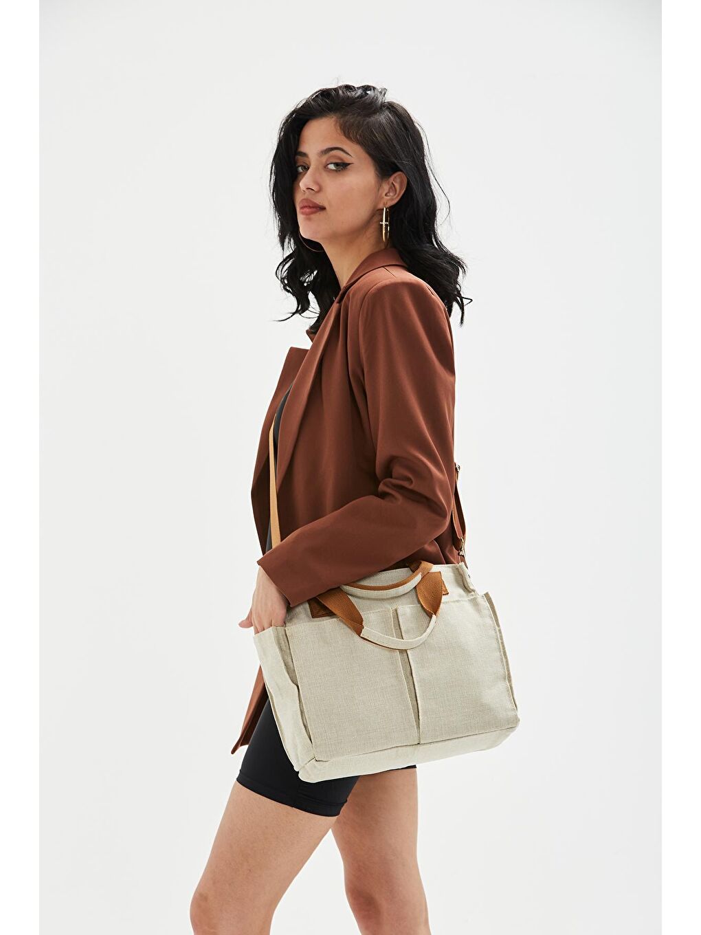 Kahverengi Çok Gözlü Shopper Venedik Kadın Çapraz Çanta Keten Taba-2