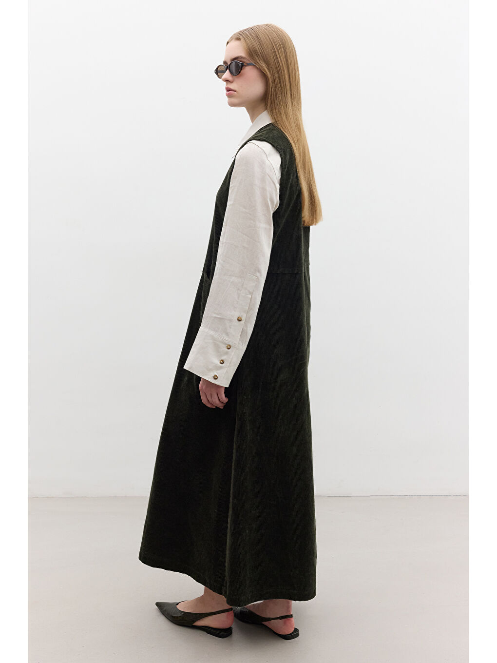 Fitilli Kadife Jile Elbise Haki-5