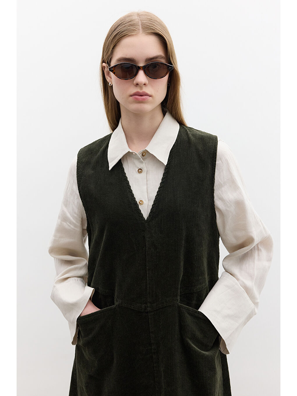 Fitilli Kadife Jile Elbise Haki-6