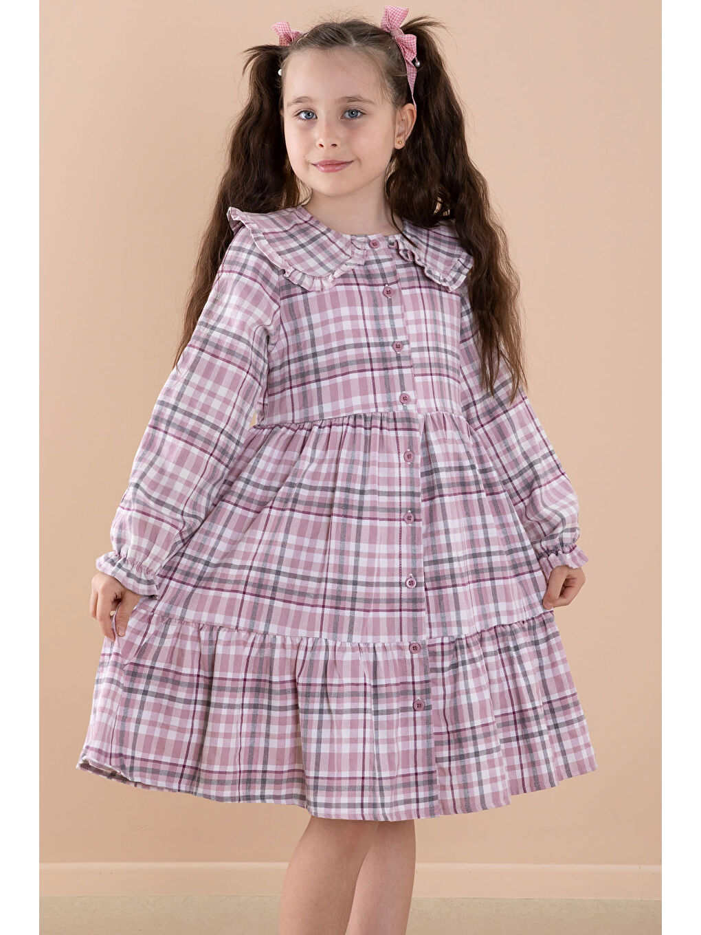 Pembe Ekose Desenli Düğme Kapamalı Uzun Kol Kız Çocuk Elbise 20168-1