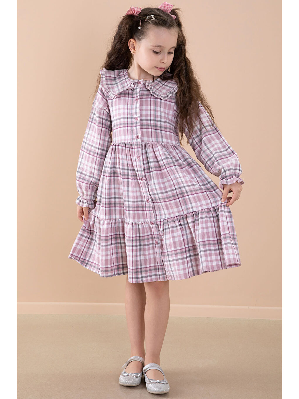 Pembe Ekose Desenli Düğme Kapamalı Uzun Kol Kız Çocuk Elbise 20168-2