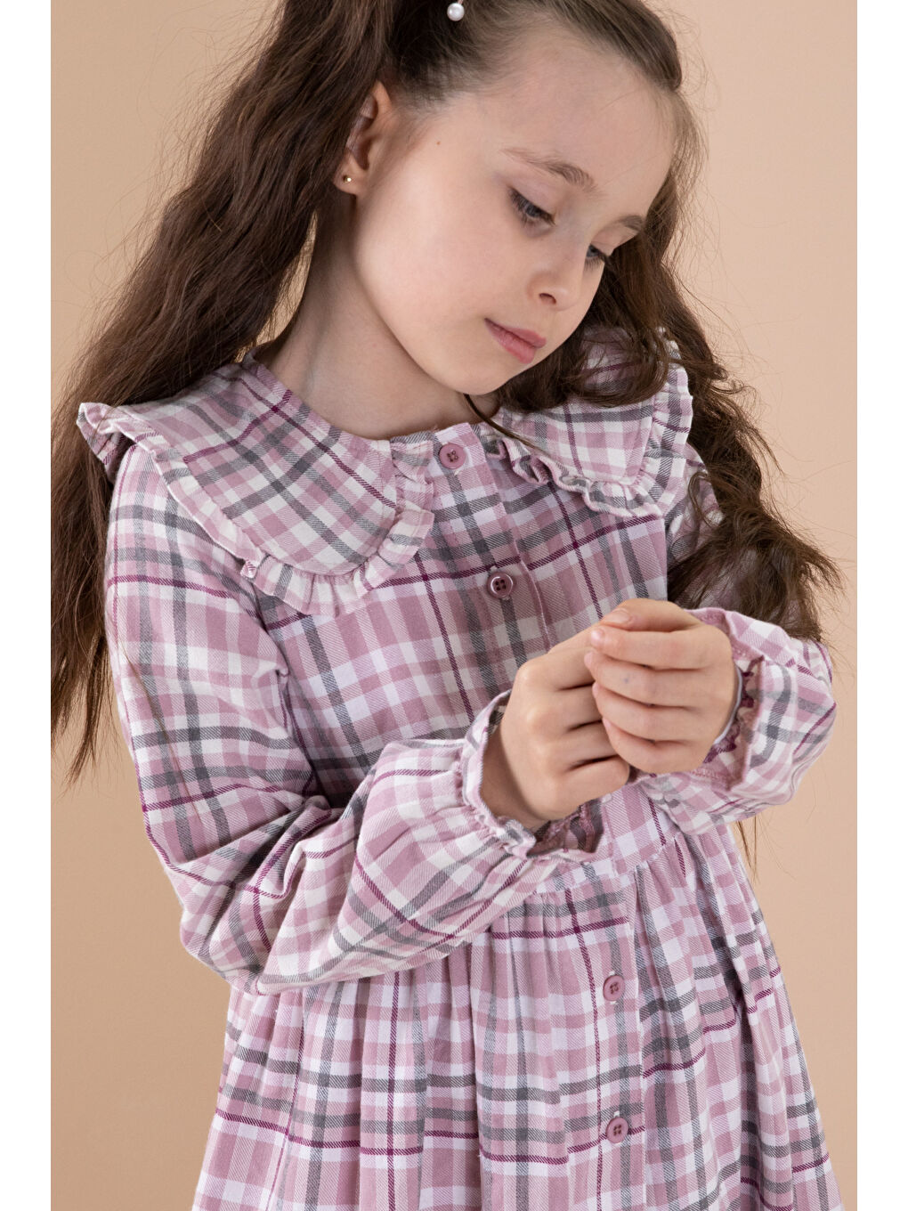 Pembe Ekose Desenli Düğme Kapamalı Uzun Kol Kız Çocuk Elbise 20168-3