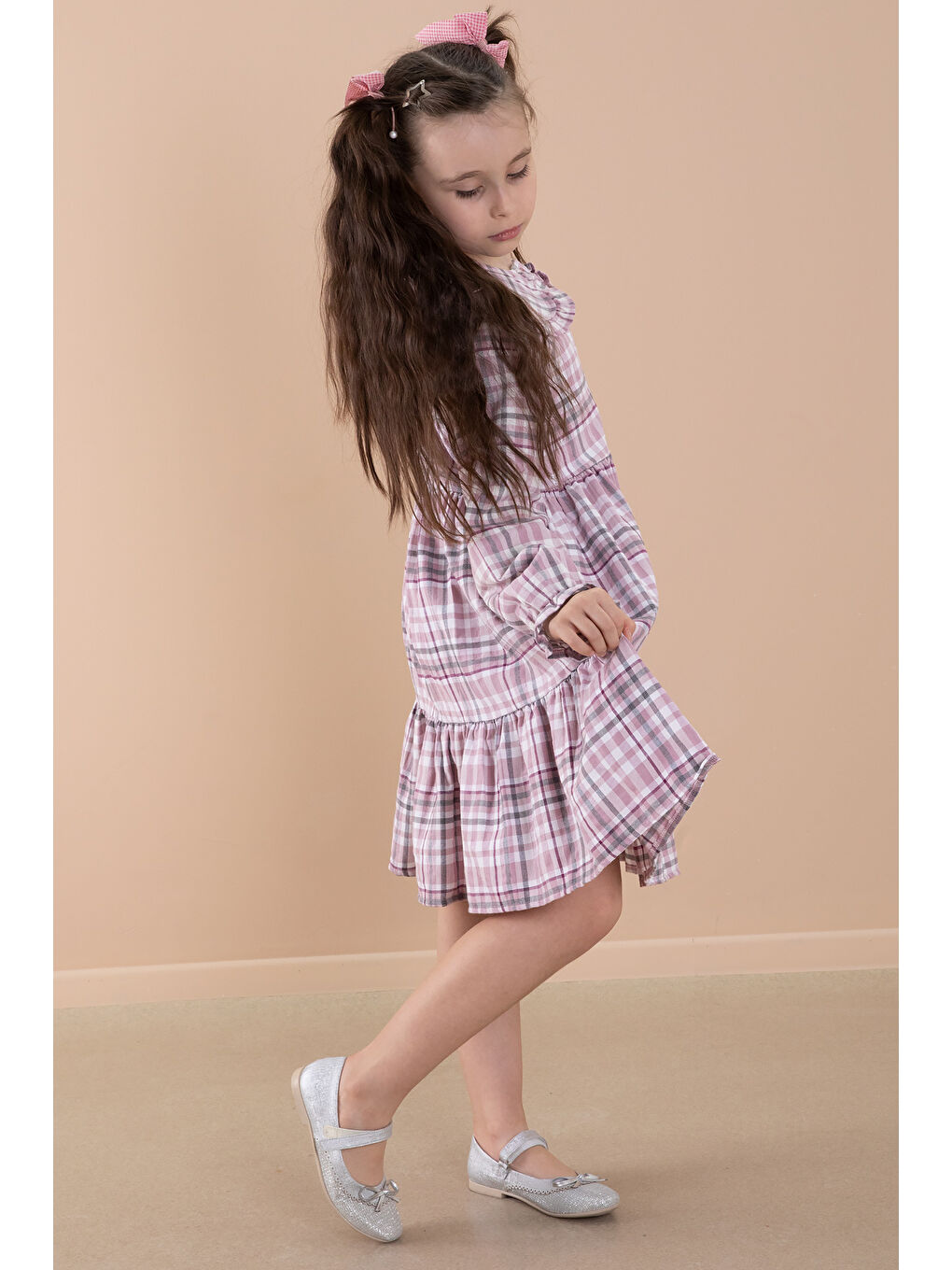 Pembe Ekose Desenli Düğme Kapamalı Uzun Kol Kız Çocuk Elbise 20168-4