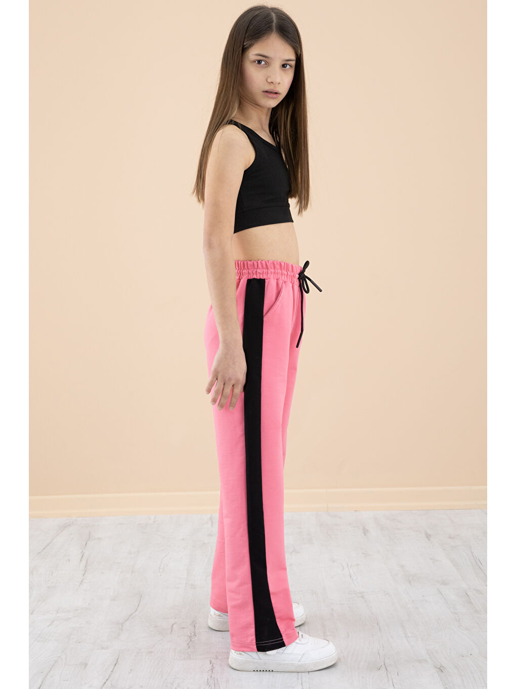 Pembe Garnili Geniş Paça Kız Çocuk Beli Lastikli Eşofman Altı 20194-2