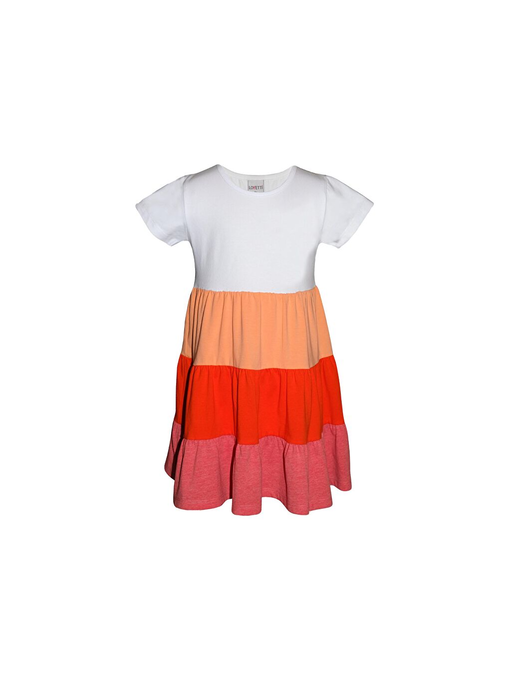 Beyaz+ Turuncu Melanj Kız Çocuk Kısa Kol Fiyonklu Renkli Kat Kat Elbise