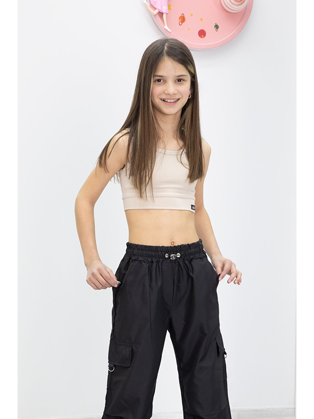 Siyah Halka Detaylı Kız Çocuk Paraşüt Pantolon 19900-3