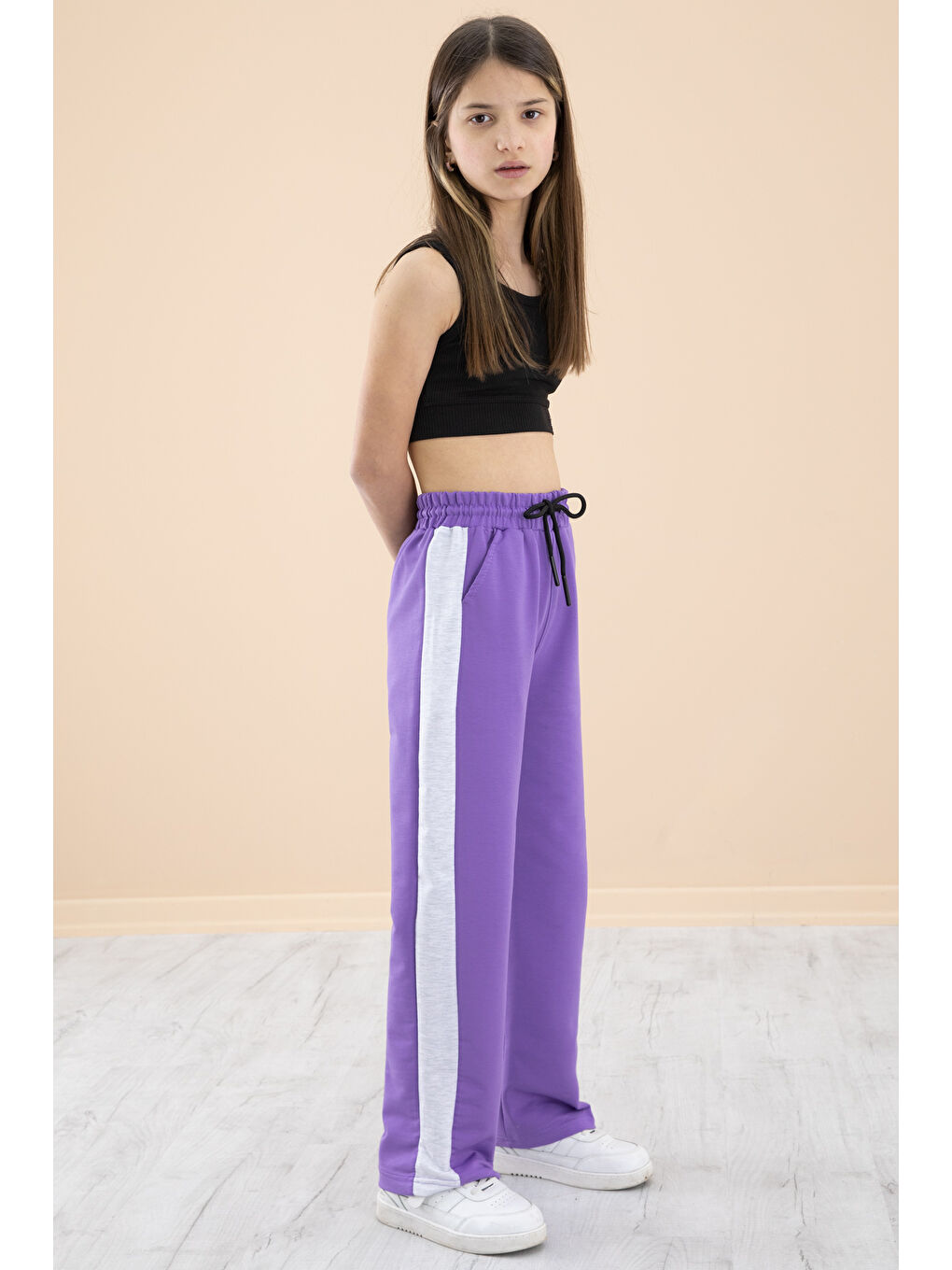 Lila Garnili Geniş Paça Kız Çocuk Beli Lastikli Eşofman Altı 20192-3