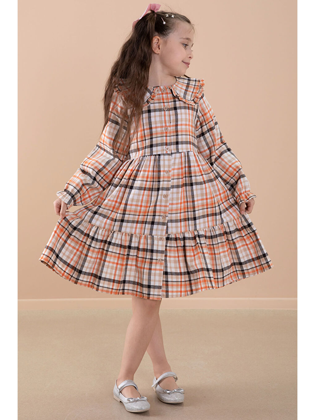 Turuncu Ekose Desenli Düğme Kapamalı Uzun Kol Kız Çocuk Elbise 20167