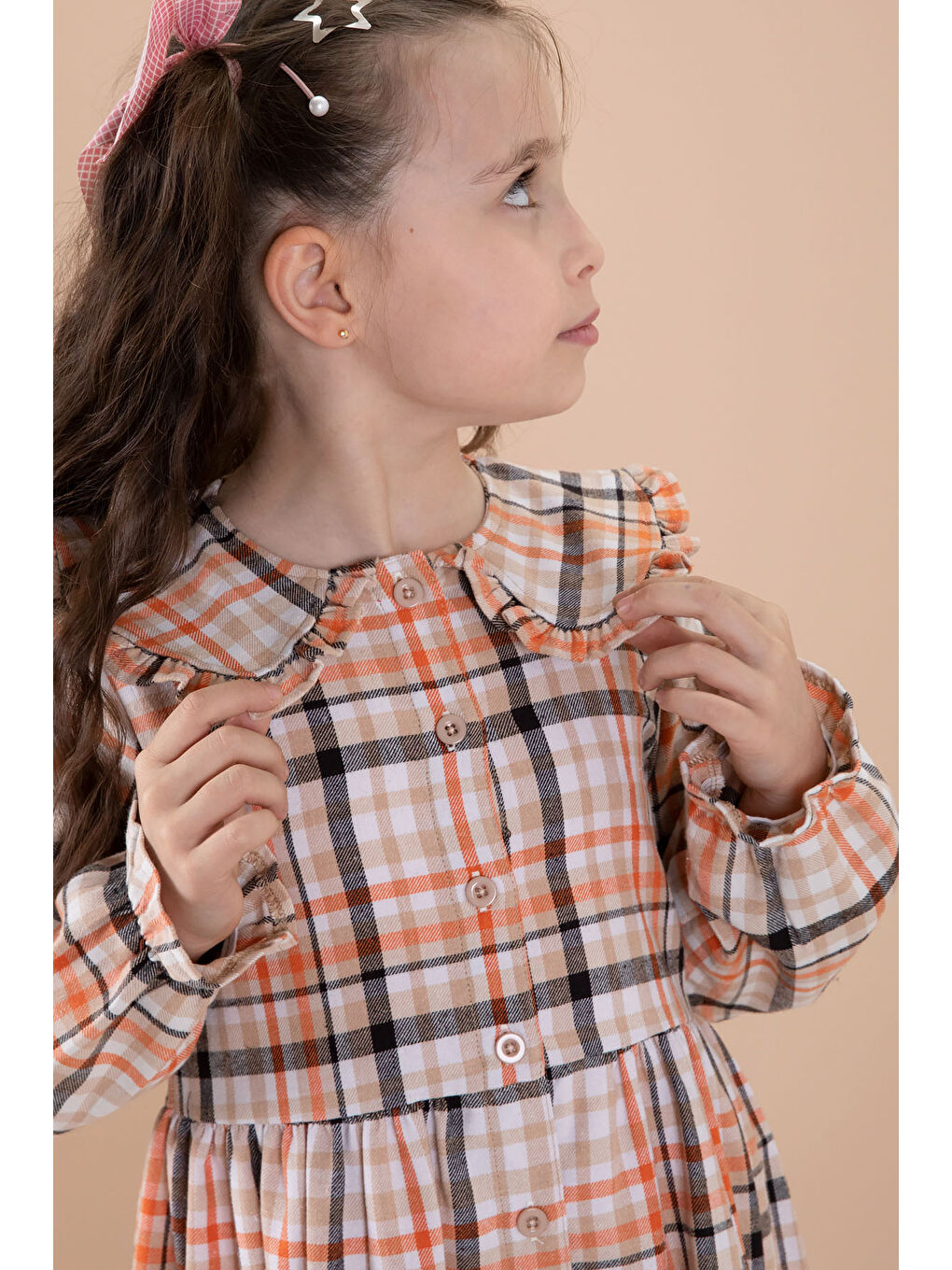 Turuncu Ekose Desenli Düğme Kapamalı Uzun Kol Kız Çocuk Elbise 20167-1