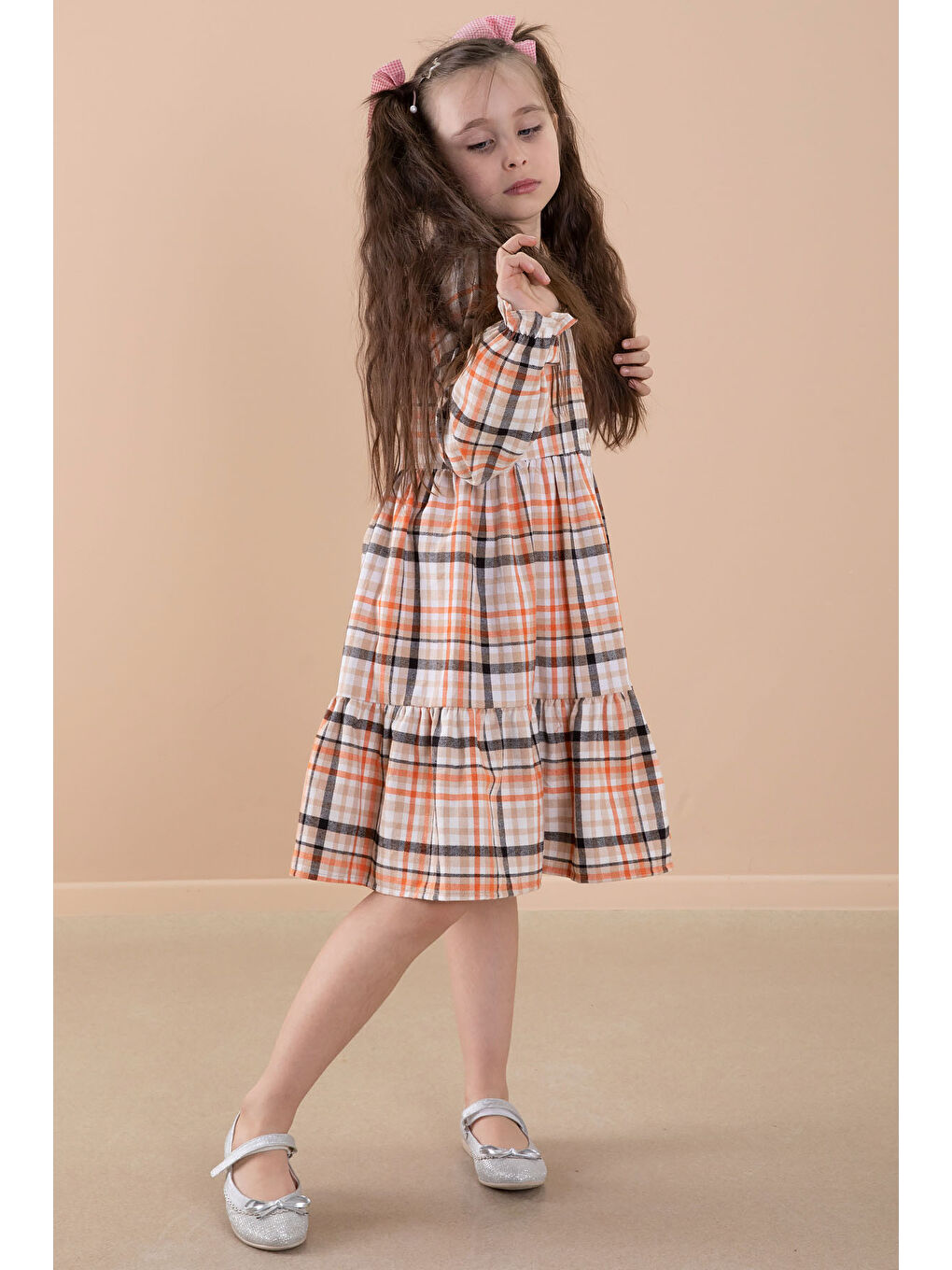 Turuncu Ekose Desenli Düğme Kapamalı Uzun Kol Kız Çocuk Elbise 20167-2