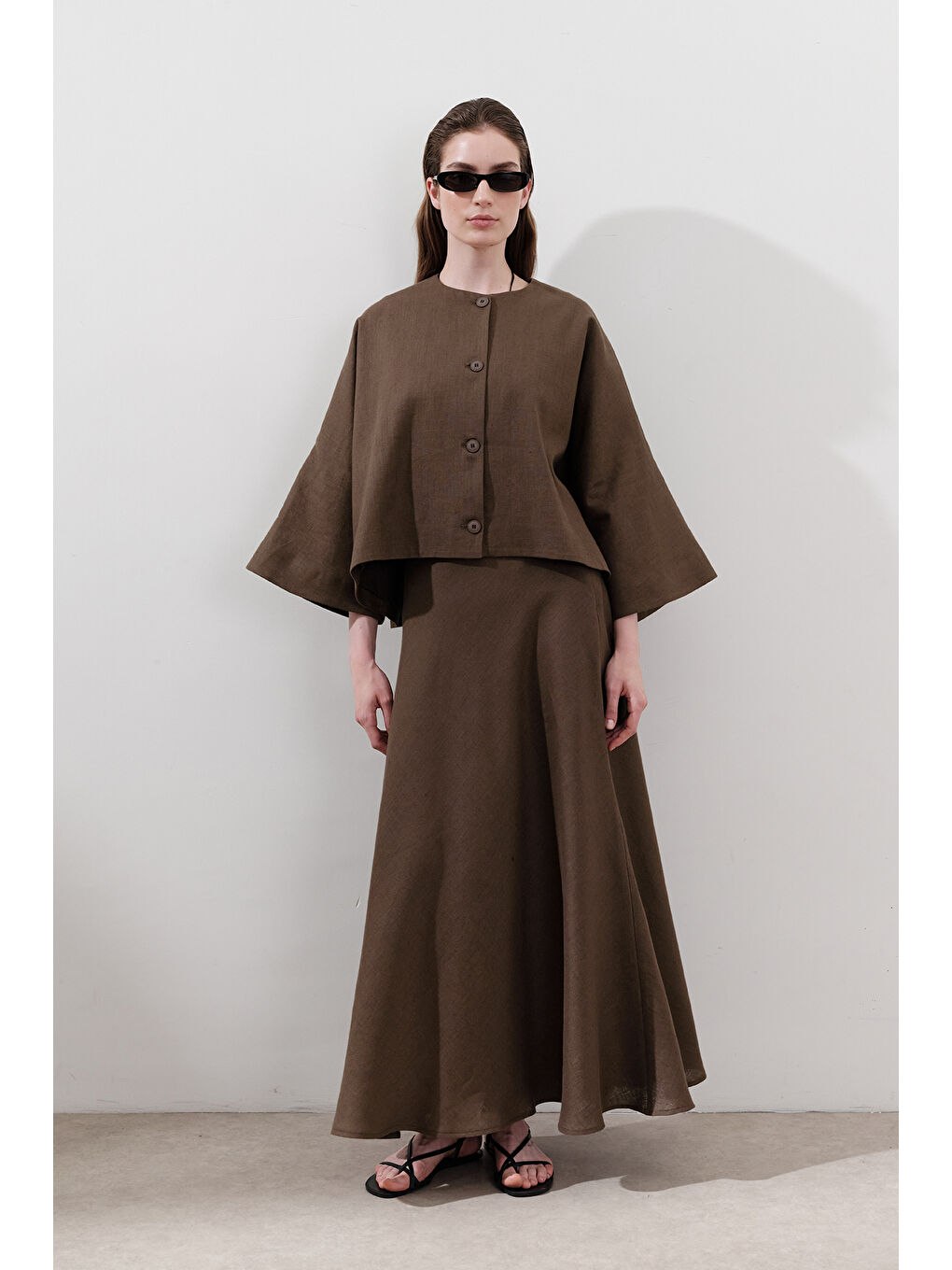 Kahverengi Keten Dikiş Detaylı Etek Tozlu Kahve-1