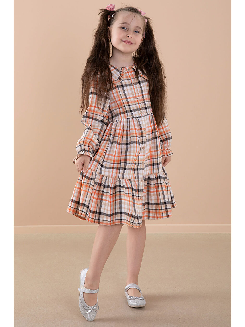 Turuncu Ekose Desenli Düğme Kapamalı Uzun Kol Kız Çocuk Elbise 20167-3