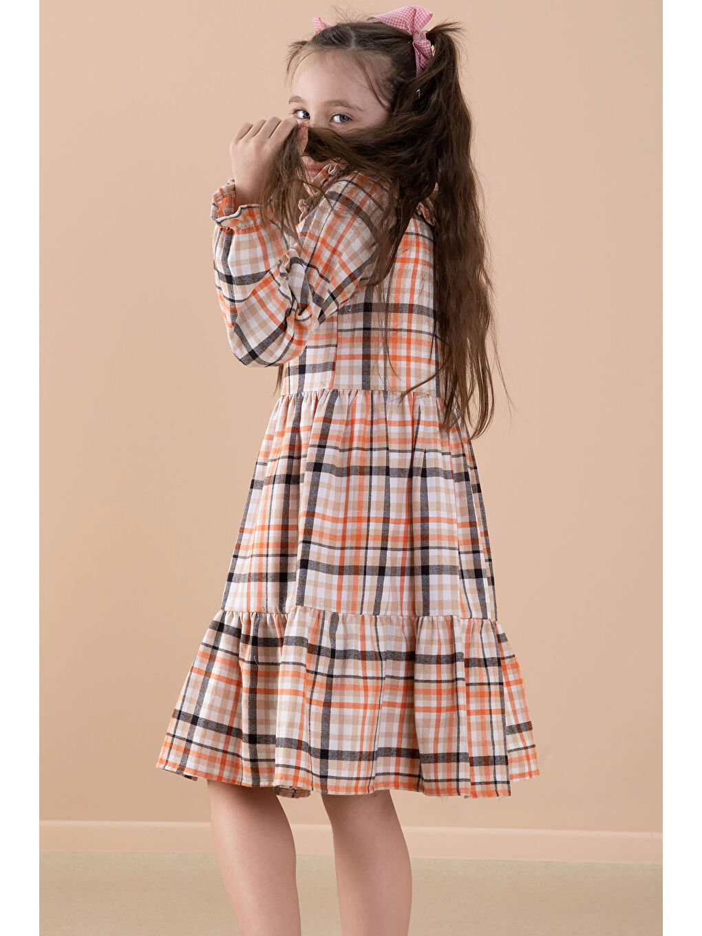 Turuncu Ekose Desenli Düğme Kapamalı Uzun Kol Kız Çocuk Elbise 20167-4