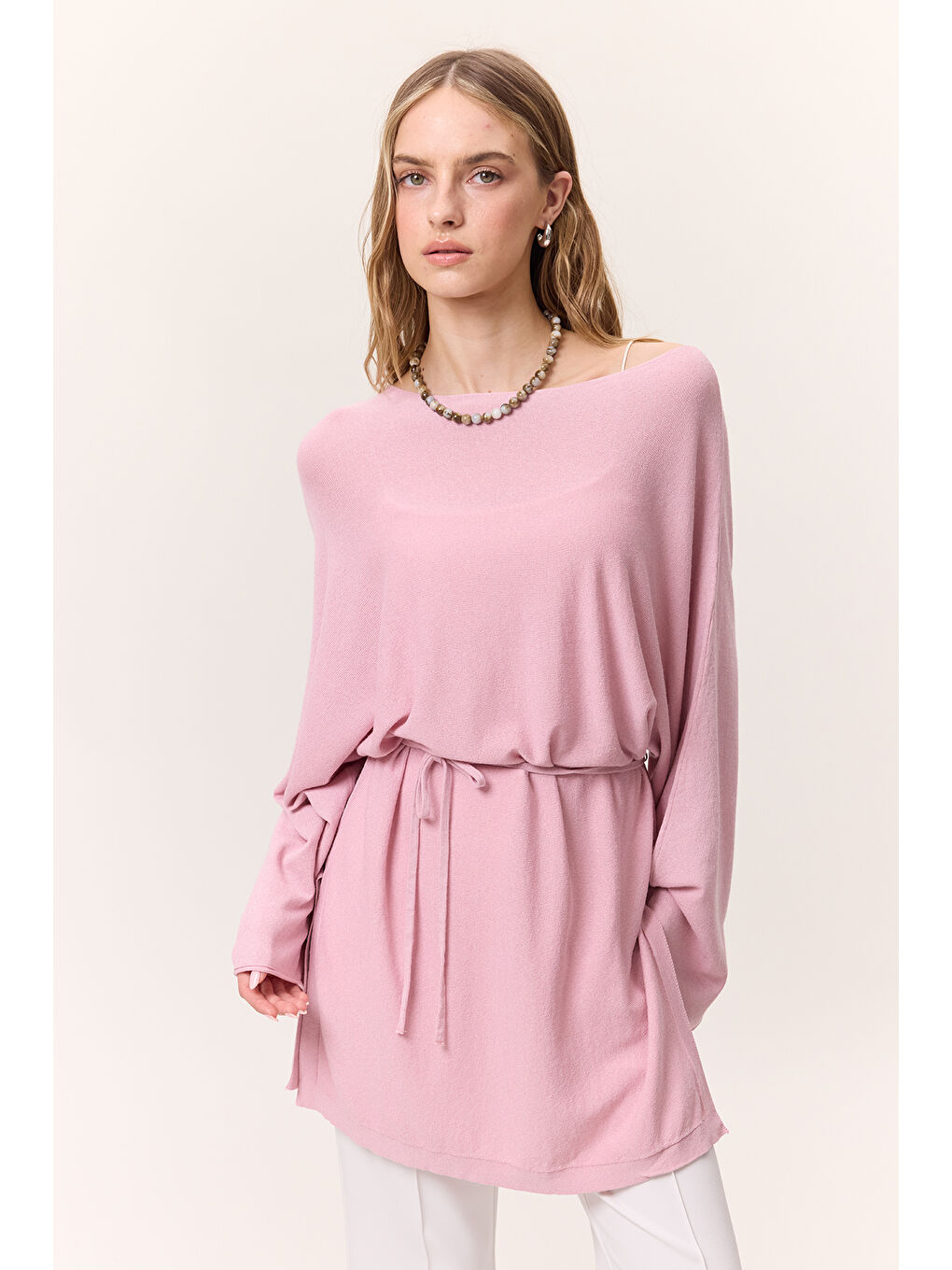 Triko Kuşaklı Tunik Pembe