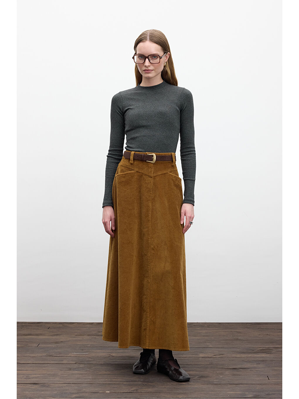 Kahverengi Fitilli Kadife Uzun Etek Kiremit-1