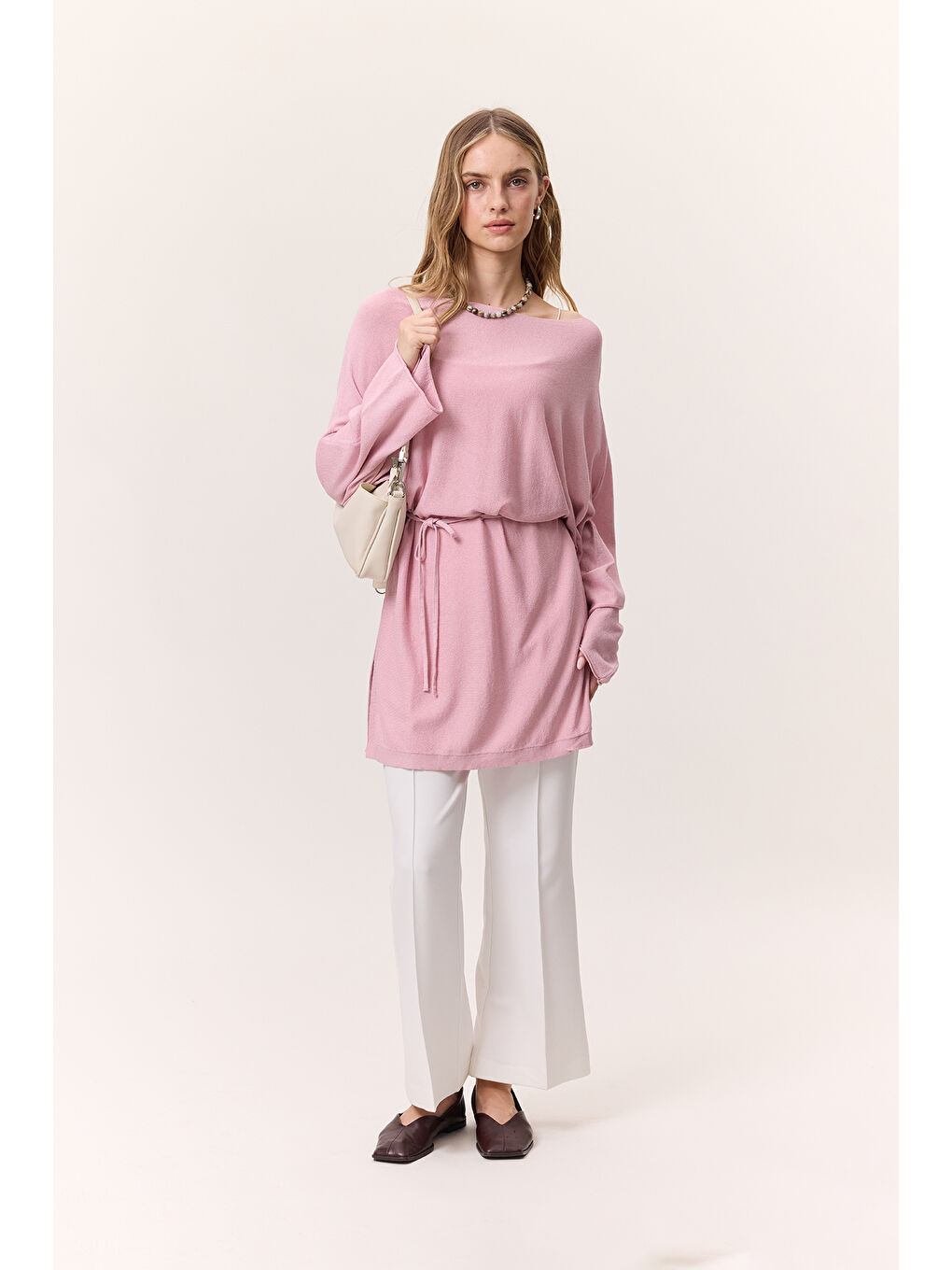 Triko Kuşaklı Tunik Pembe-1