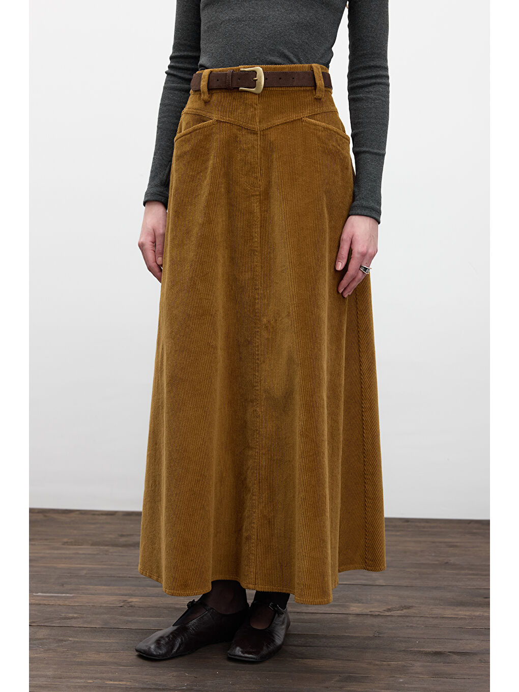 Kahverengi Fitilli Kadife Uzun Etek Kiremit-3