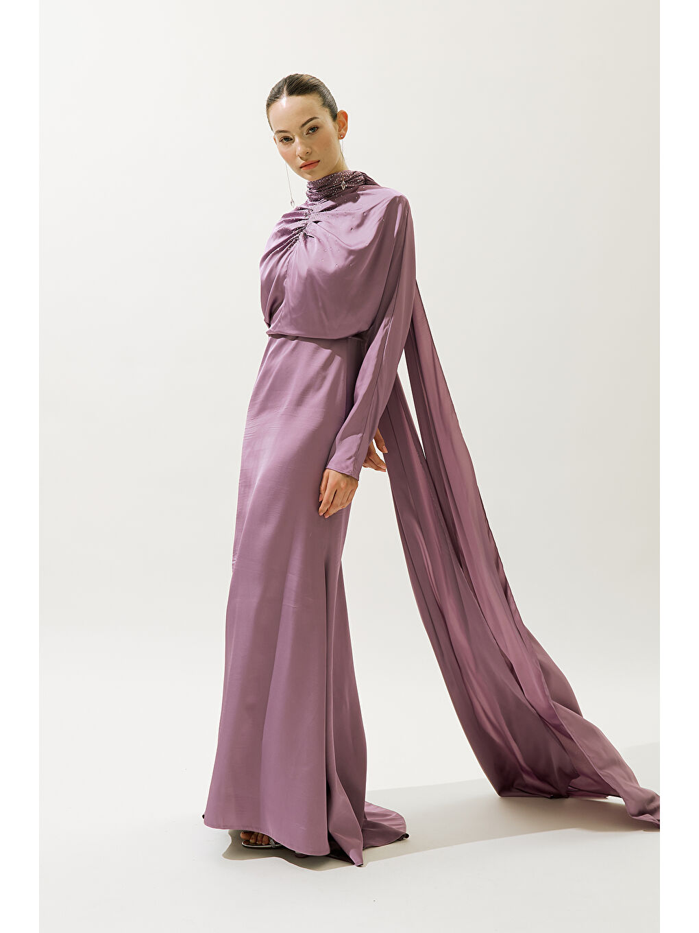 L'amour Taşlı Abiye Elbise Lila-1