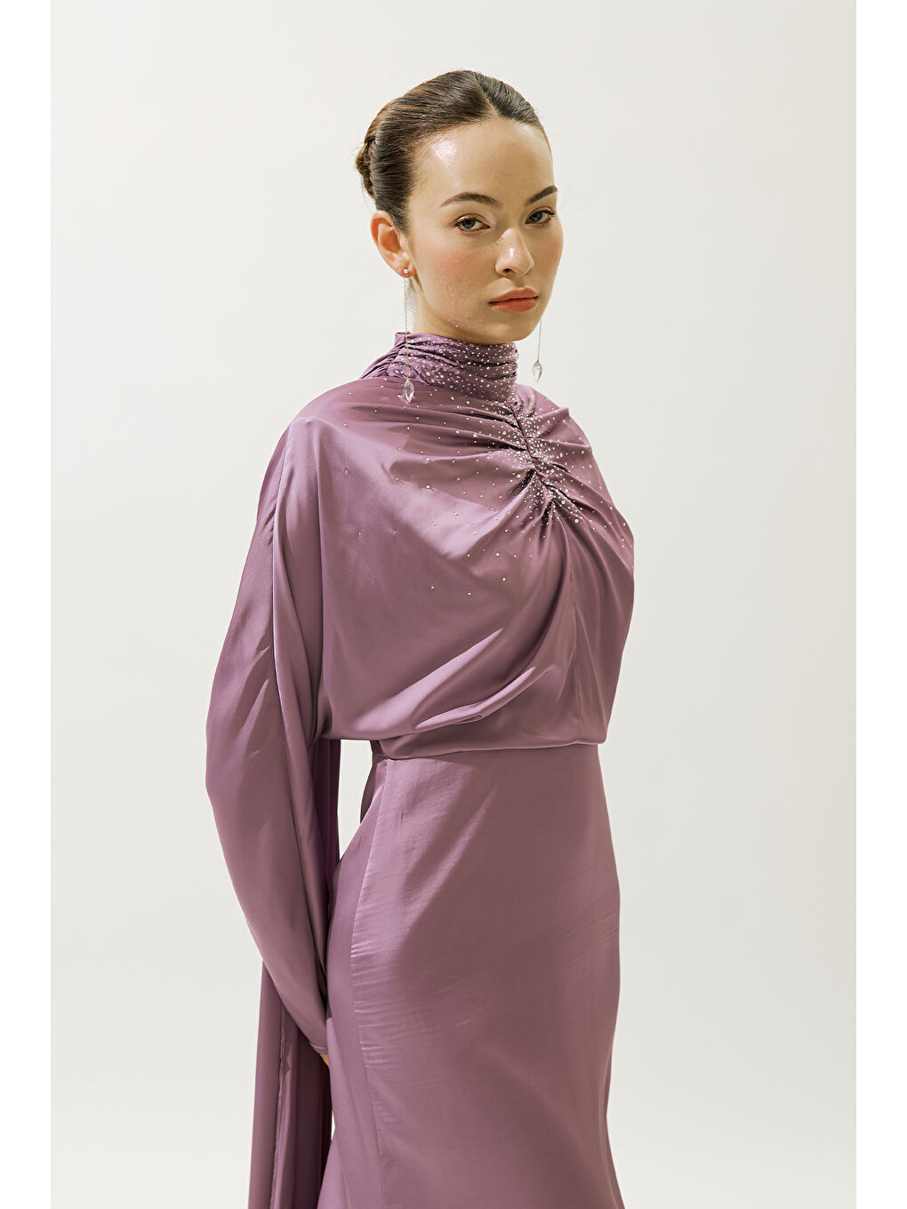 L'amour Taşlı Abiye Elbise Lila-2