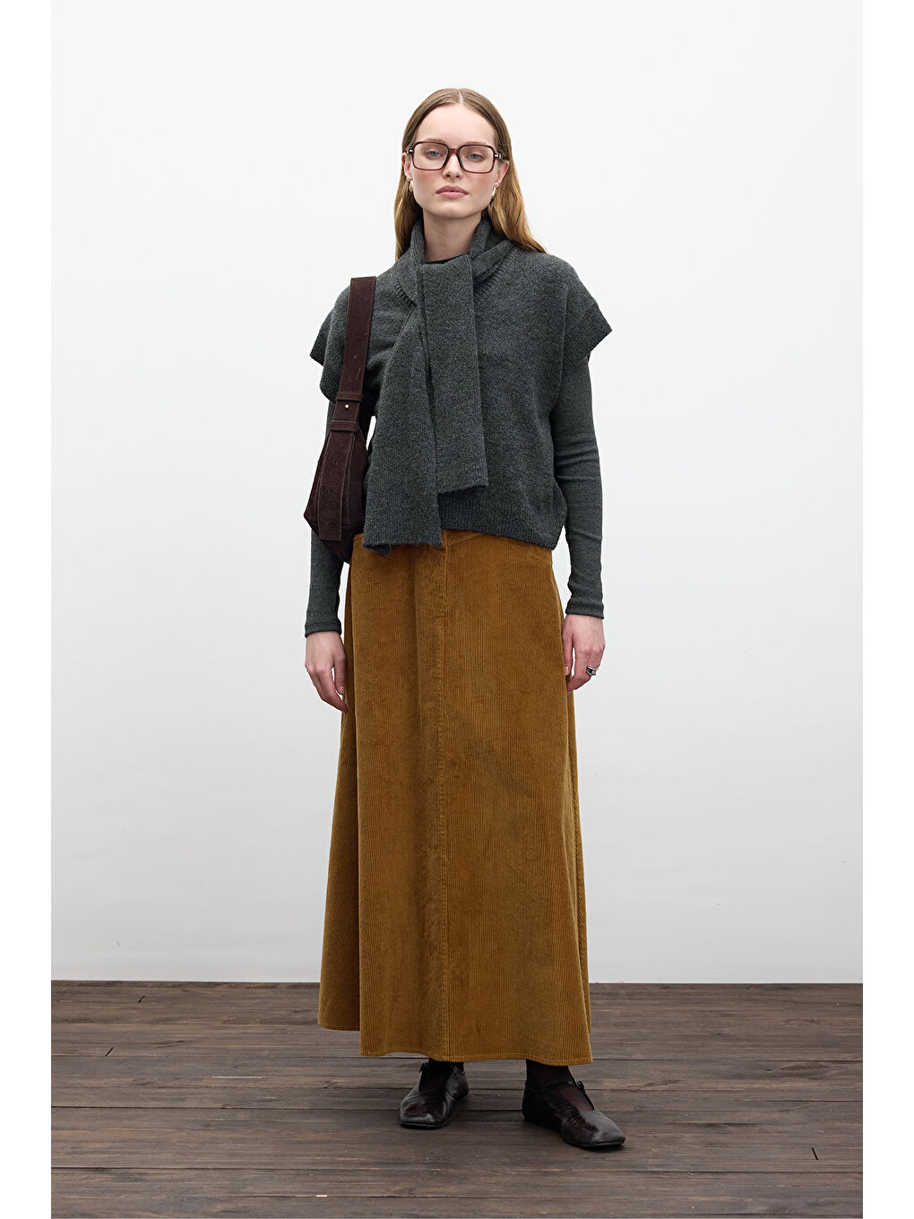 Kahverengi Fitilli Kadife Uzun Etek Kiremit-4