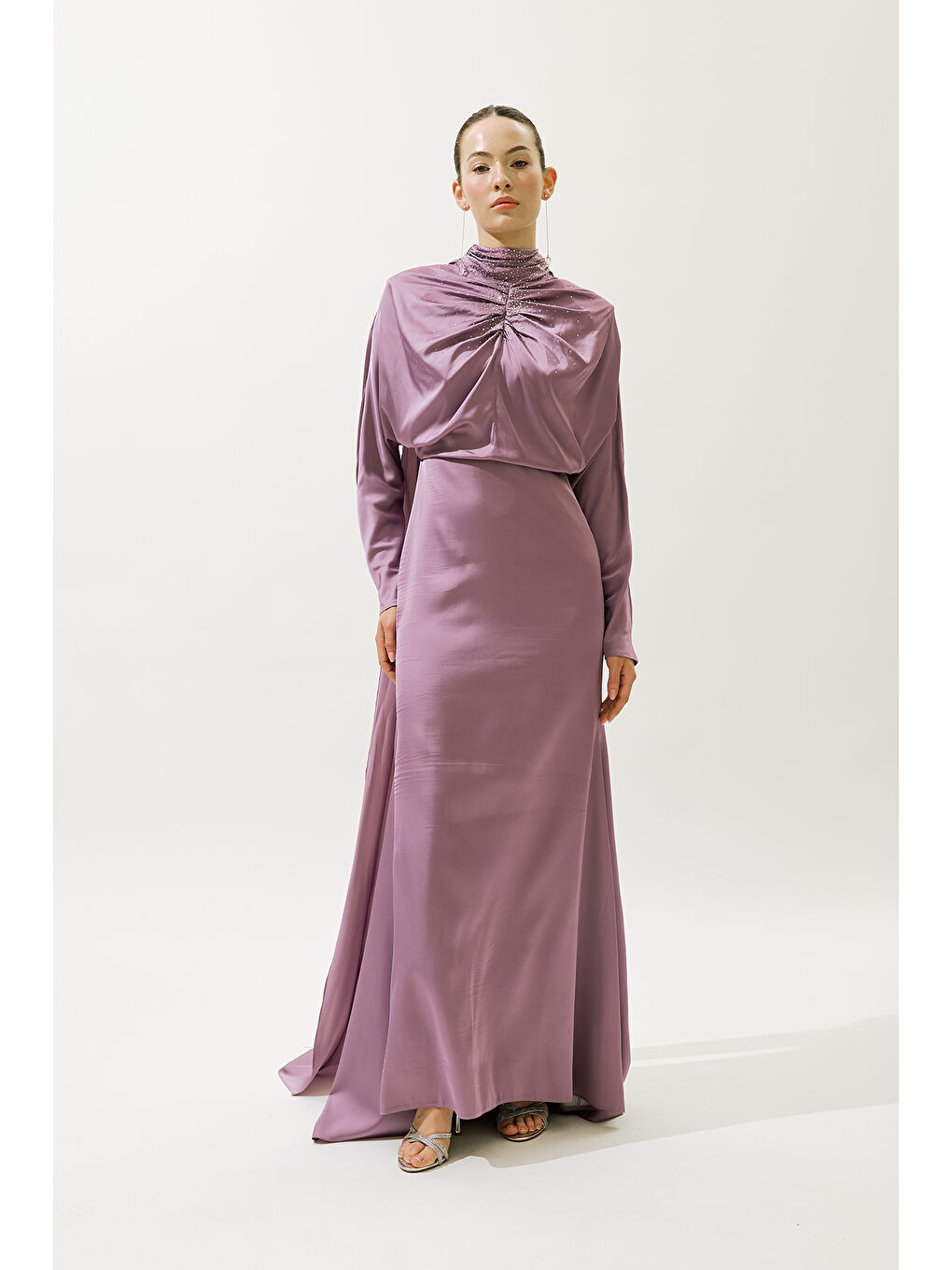 L'amour Taşlı Abiye Elbise Lila-3