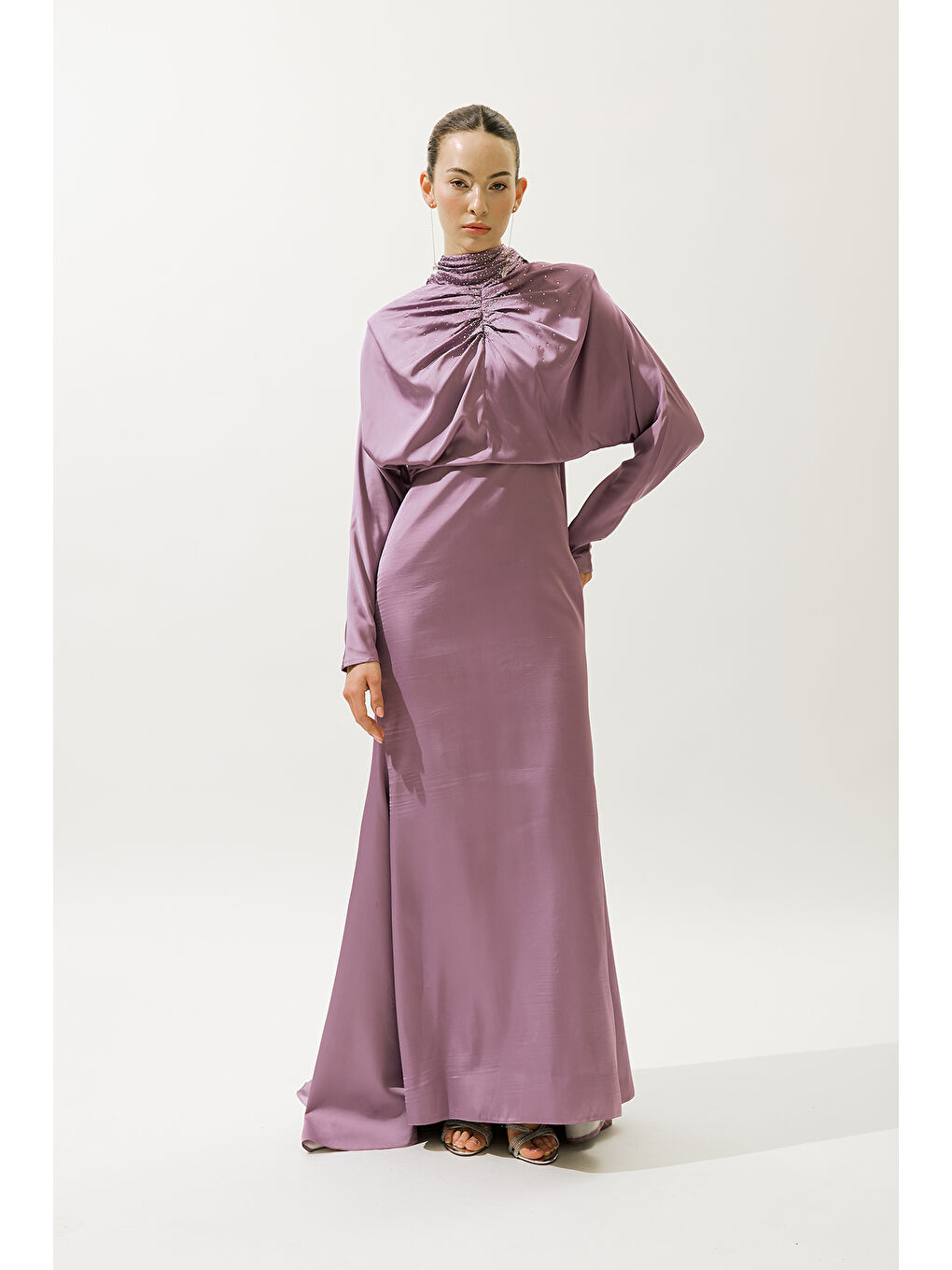 L'amour Taşlı Abiye Elbise Lila-4