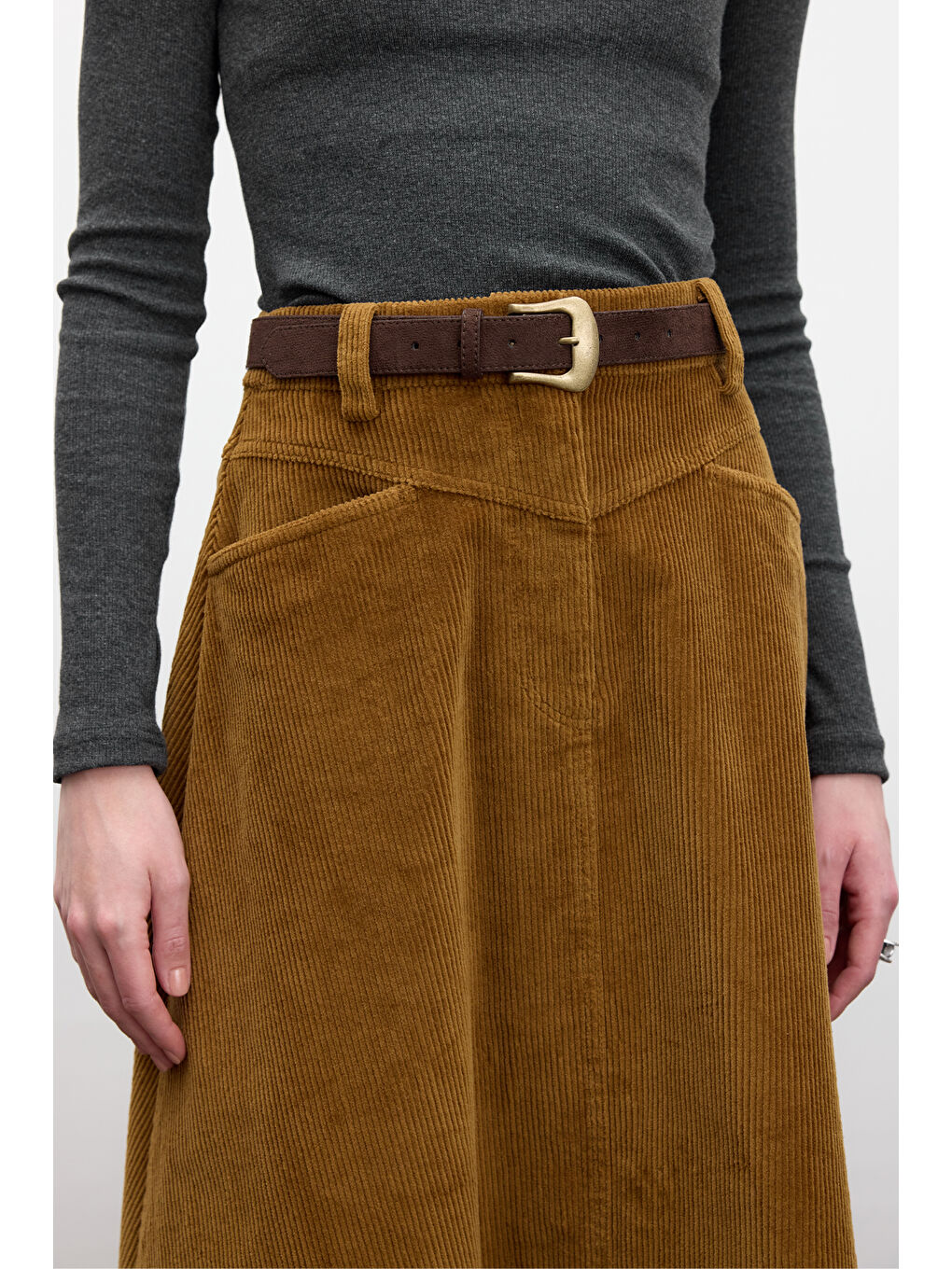 Kahverengi Fitilli Kadife Uzun Etek Kiremit-5