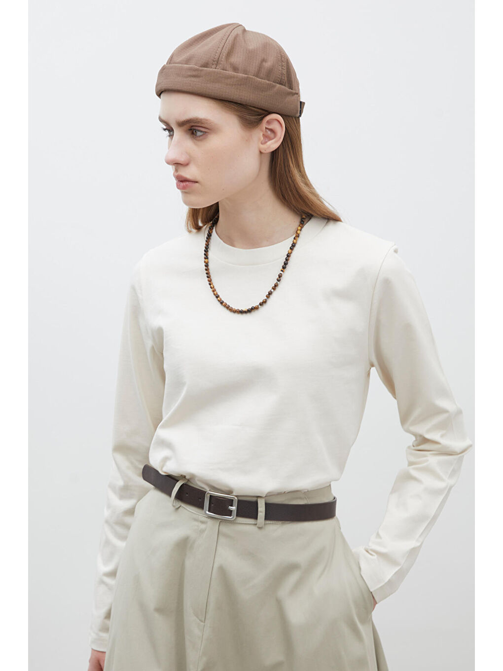 Bej Uzun Kol Fit Pamuklu Tshırt Vanilya-2