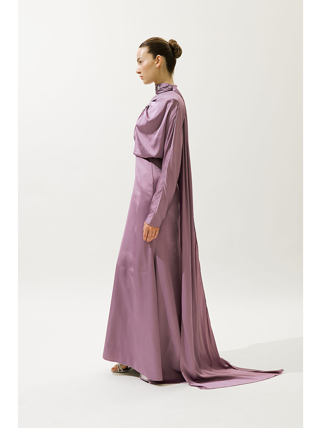 L'amour Taşlı Abiye Elbise Lila-5