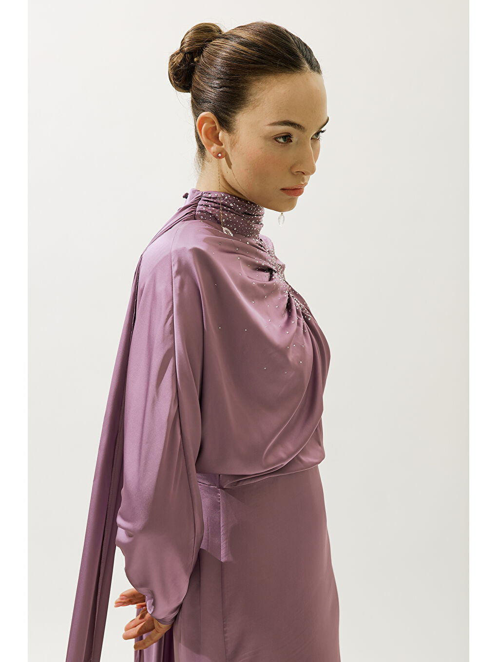 L'amour Taşlı Abiye Elbise Lila-6