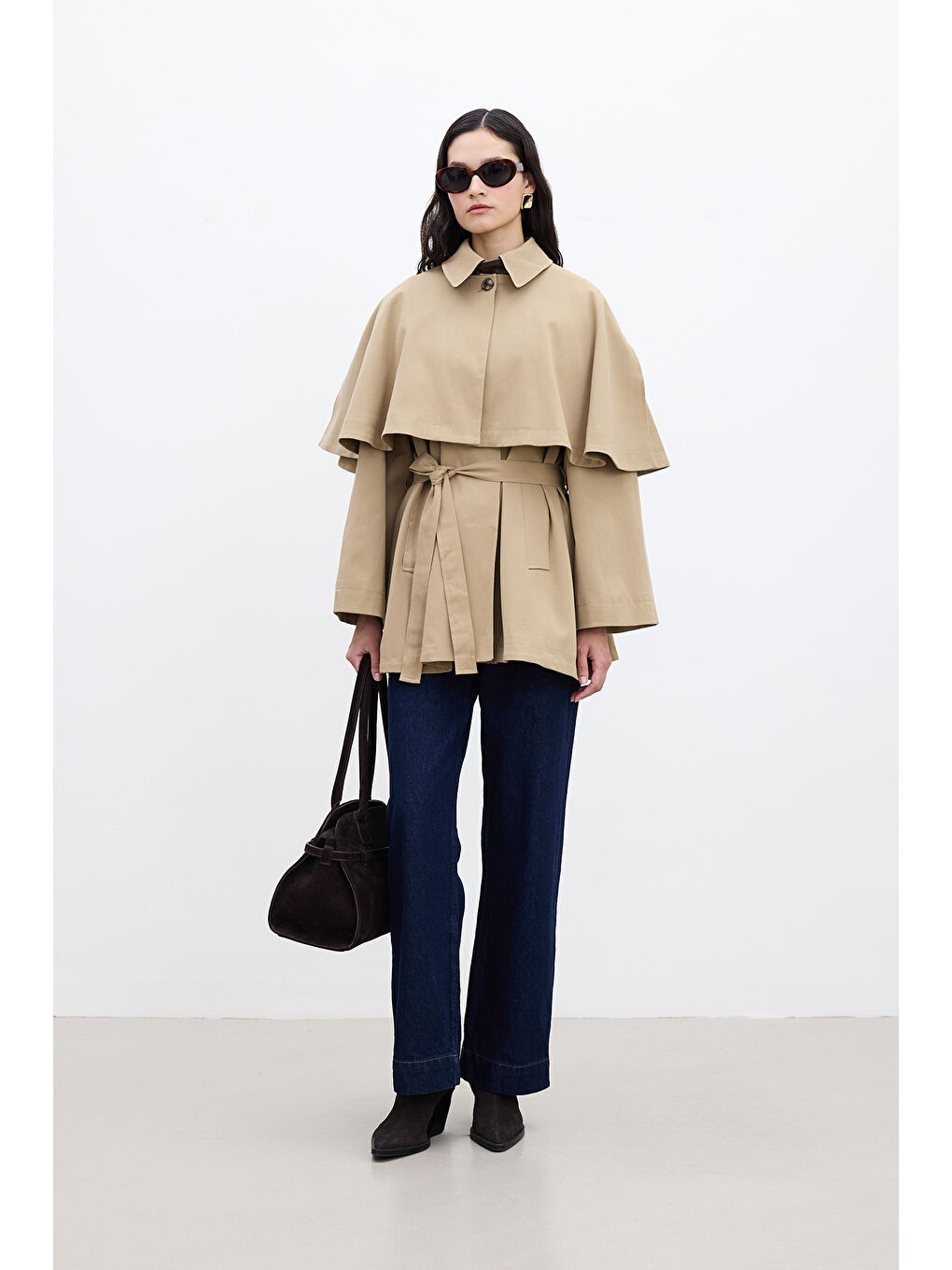 Kahverengi Pelerin Detaylı Trençkot Camel-2